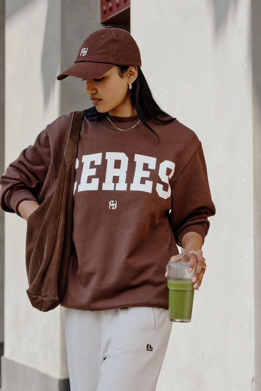 Isla Oversized Slouchy Crew Chocolate Heritage Logo
